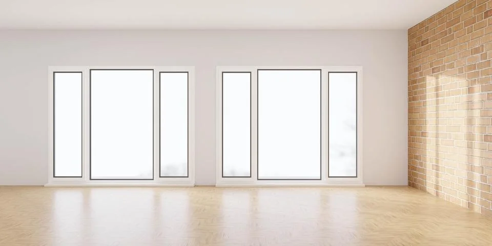 An Empty Room with Three Windows and a Brick Wall 3d render illustration Stock Illustration