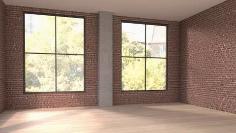 Empty room with two windows, 3D Rendering Ilustración de archivo