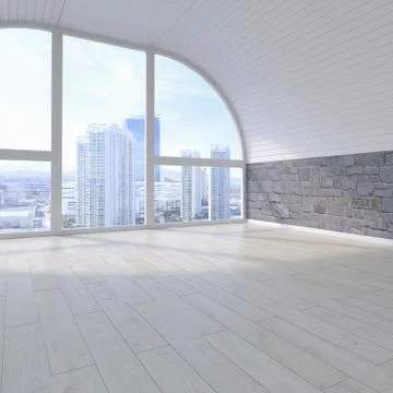 Empty room with view at skyline, 3D Rendering Stock Illustration