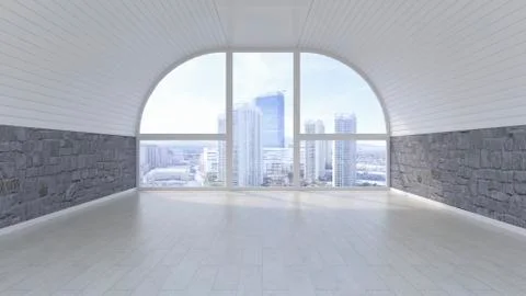Empty room with view at skyline, 3D Rendering Stock Illustration