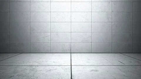 Empty room with walls made of concrete slabs and a smooth concrete floor, 3d  Illustrazione stock