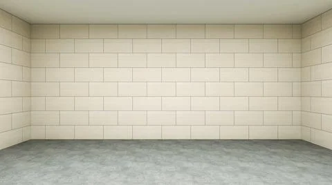 Empty room with white big brick wall and concrete floor. Stock Illustration