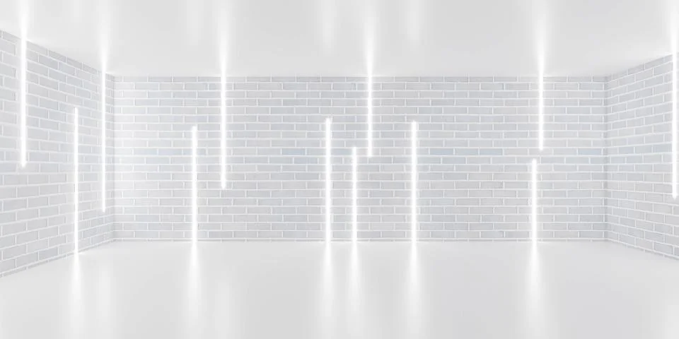 Empty Room with White Brick Wall and led light strips 3d render illustration Ilustración de archivo