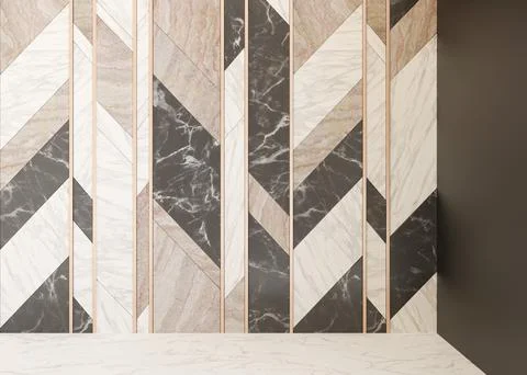 Empty room, white floor and marble wall decor panels. Only wall and floor. Mock Stock Illustration