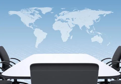 Empty room with white table, chairs and backrest, world map on Illustrazione stock
