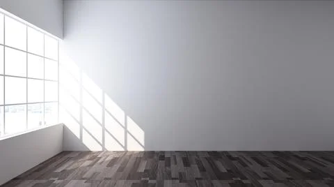 Empty room with white wall, dark parquet floor, wide panoramic window Stock Illustration