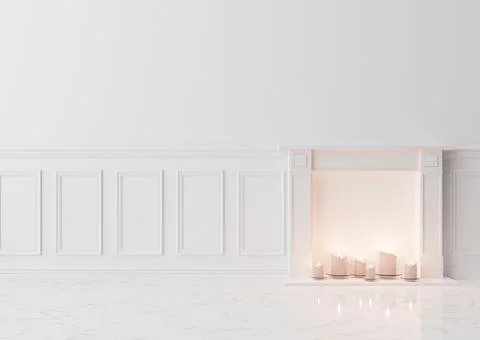 Empty room, white wall with moldings and marble floor. Only wall, floor and d Stock Photos