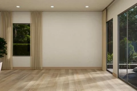 Empty room with white wall over wooden parquet floor with sunlight and gard.. Ilustração Stock