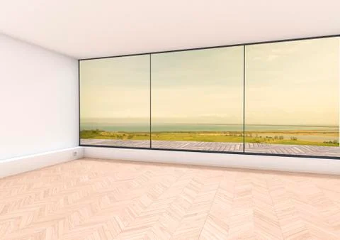 Empty room, window with view to Baltic Sea, Hiddensee, 3D Rendering Illustrazione stock