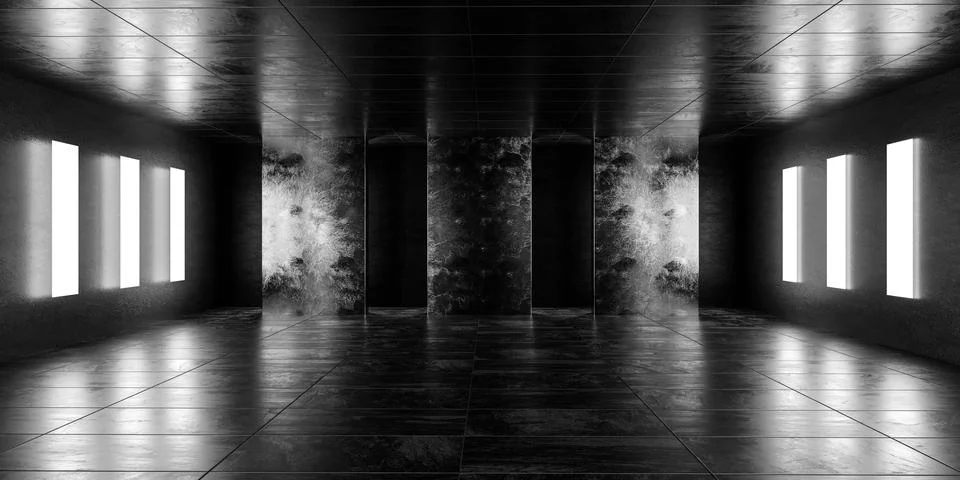 An Empty Room with Windows and a Tiled Floor 3d render illustration Stock Illustration