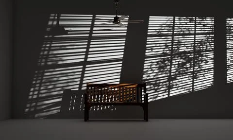Empty Room with Wood Bench and Ceiling Fan with Shadows From Blinds and Trees Ilustración de archivo