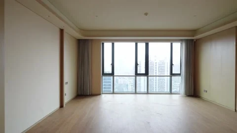 Empty room with wood floor and french window Stock Footage 201639445