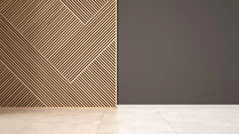 Empty room with wooden panel, ceramic marble floor. Gray wall background with Stock Illustration