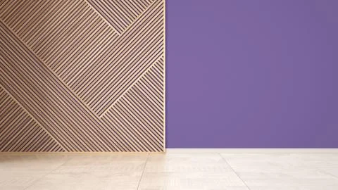 Empty room with wooden panel, ceramic marble floor. Purple wall background wi Stock Illustration