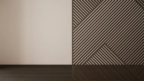 Empty room with wooden panel, parquet floor. White wall background with copy  Stock Illustration