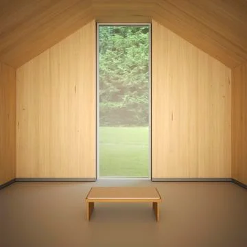 Empty room with wooden wall cladding and a bench, 3D Rendering Illustrazione stock