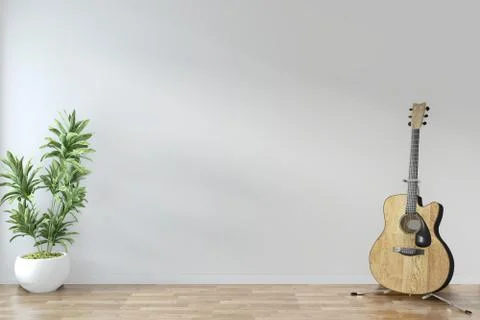 Empty room zen minimal design with guitar and plants on floor wooden empty ro Stock Illustration