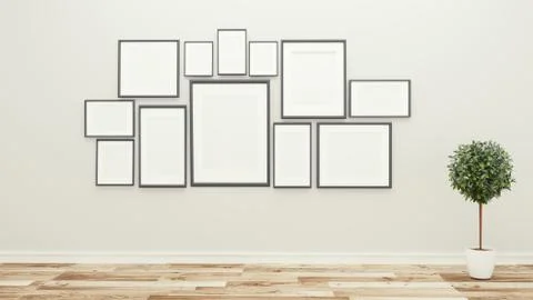 Empty room,frames and plants,tropical modern empty room. 3D rendering 스톡 일러스트