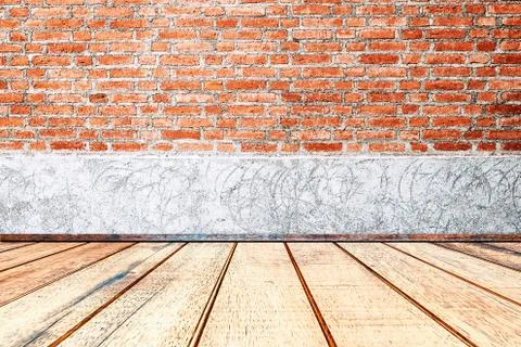 Empty room,Red brick wall Texture with wooden floor Background for Presentations Stock Photos