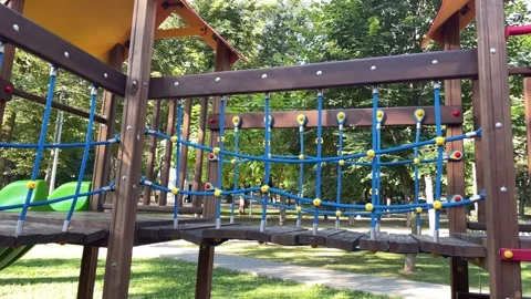 Empty rope climbing structure on a playground, outdoor recreation Stock Footage 342986564