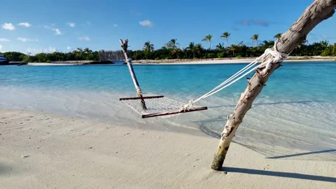 Empty rope hammock on sandy island beach on a sunny day in Maldives.  Stock Footage 168554106