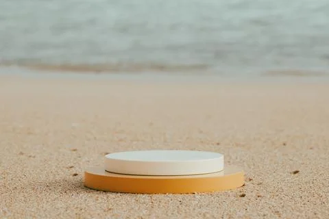 Empty round beige platform podium on the beach Foto stock