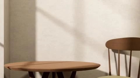 Empty round brown table and wooden chair with sunlight shining upon white w.. Stock Illustration