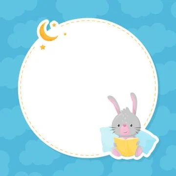 Empty Round Card with Cute Bunny Reading Book Before Bedtime Vector Template Stock Illustration