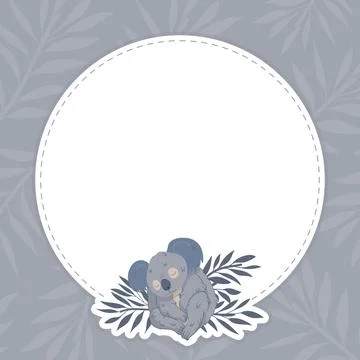 Empty Round Card with Grey Koala Animal with Eucalyptus Branch Vector Template Stock Illustration