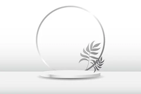 Empty Round Catwalk. White round podium with tropical palm leaves. A stage .. Stock Illustration