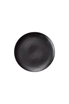 An empty round ceramic plate on a dark, textured brown background. An empty r Stock Photos