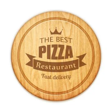 Empty round cutting board with pizza restaurant label Illustrazione stock