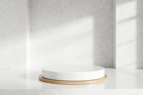 Empty round display platform over wooden tray on white marble counter and s.. イラスト素材