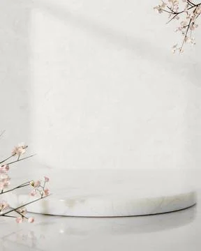 Empty round marble display platform with sakura cherry blossom flower branc.. Stock Illustration