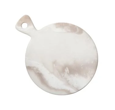 Empty round marbled cutting board cut out on white background Stock Photos