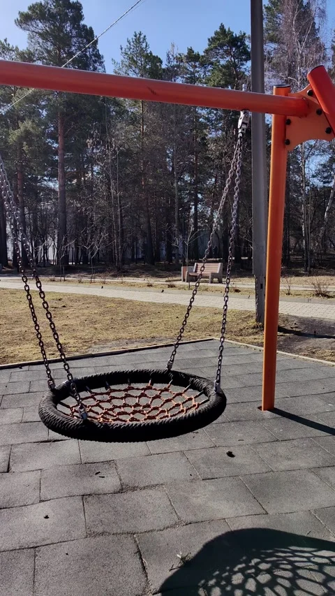 Empty round nest swing swaying slowly in sunny park. vertical. Stock Footage 328968200