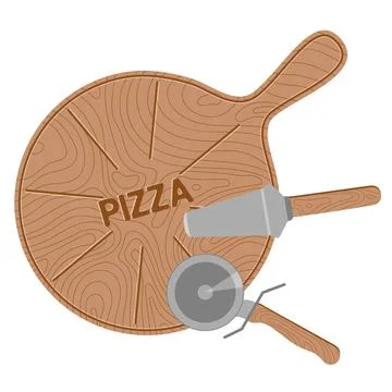 Empty round pizza board with handle Pizza knife and spatula Flat Style Illustration