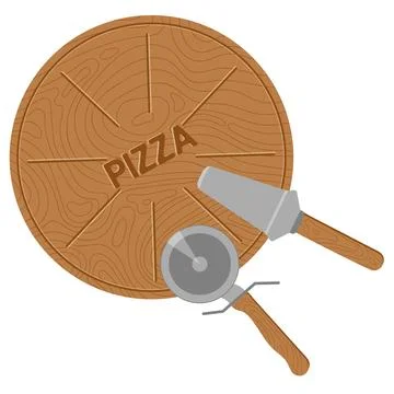 Empty round pizza board Pizza knife and spatula Flat Style Stock Illustration
