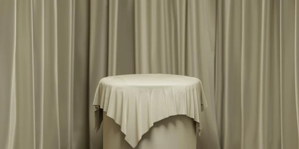 Empty round podium with background covered with beige cloth. Stand against the Stock Illustration