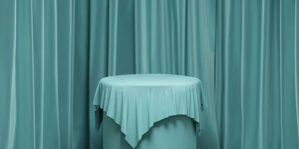 Empty round podium with background covered with turquoise cloth. Stand against Stock Illustration