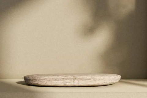 Empty round rock stone display platform on concrete counter table with sunl.. Illustrazione stock