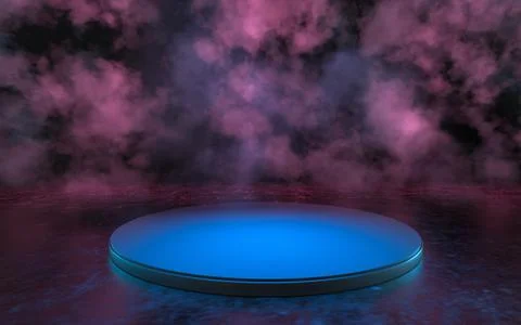 Empty round stage with glowing neon lines in the dark basement, 3d rendering. イラスト素材