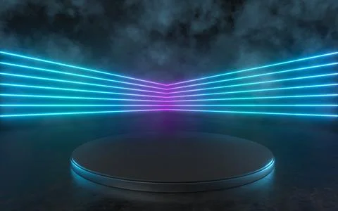 Empty round stage with glowing neon lines in the dark basement, 3d rendering. Stock Illustration