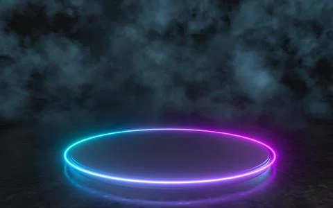 Empty round stage with glowing neon lines in the dark basement, 3d rendering. Stock Illustration