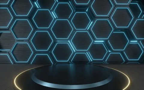Empty round stage with hexagon geometric background, 3d rendering. 스톡 일러스트