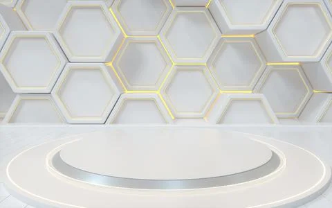 Empty round stage with hexagon geometric background, 3d rendering. 스톡 일러스트