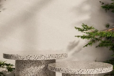 Empty round stone table display platform and pine tree branch and sunlight .. Illustrazione stock