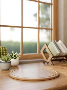 Empty round tray with book rack and cactus potrack on wooden table aside wi.. Stock Illustration