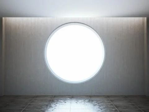 Empty round window in the loft interior. Stock Illustration