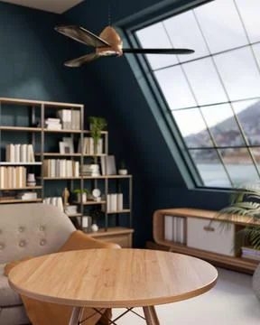 Empty round wood table and chair with bookshelf and roof window with ceilin.. Stock Illustration